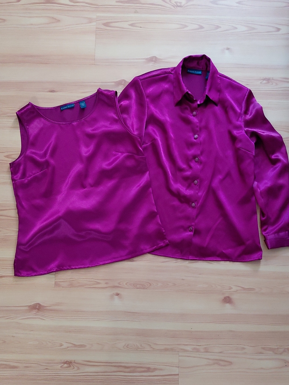 Vintage Button-Down Satin Blouse with Matching Shell- Size Small